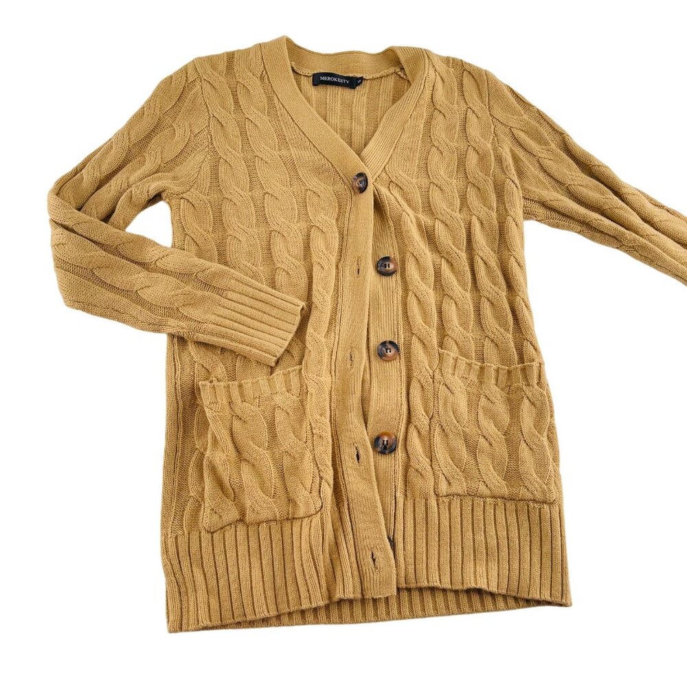 Merokeety Women's sz Small Cable Knit Button-Up Cardigan Sweater Camel Tan